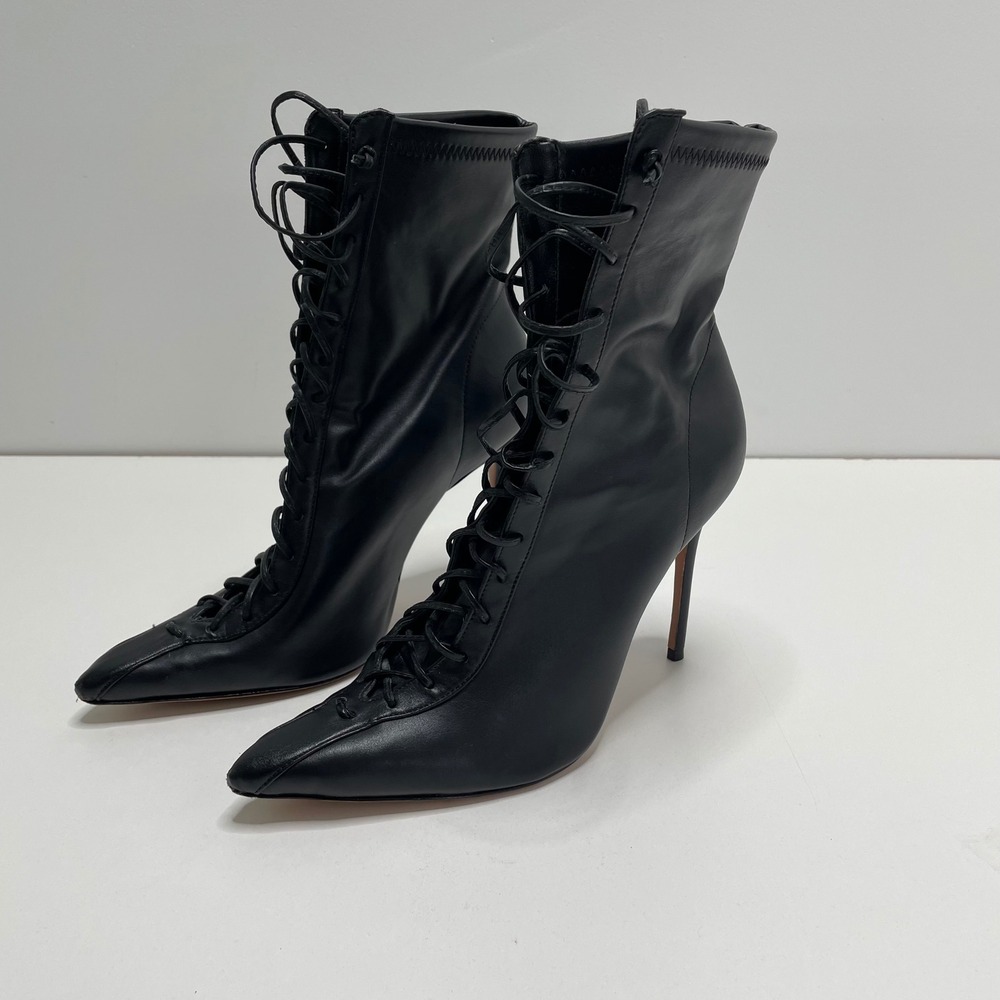 Schutz Tennie Black Leather Lace Up Pointed Toe Stiletto Boots 9B Witchy Costume - Picture 5 of 10